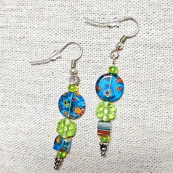 Set of 2 Vintage Blue Millefiori  Bead Dangle Earrings Abalone OOAK - Picture 4 of 10